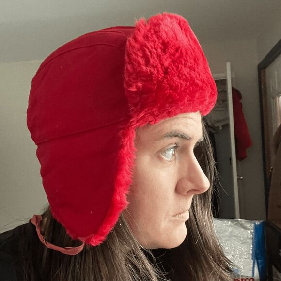 VTG 1960s Red Faux Fur Trapper Hat Alcan Aviator Quilted Lined USA - Picture 11 of 13